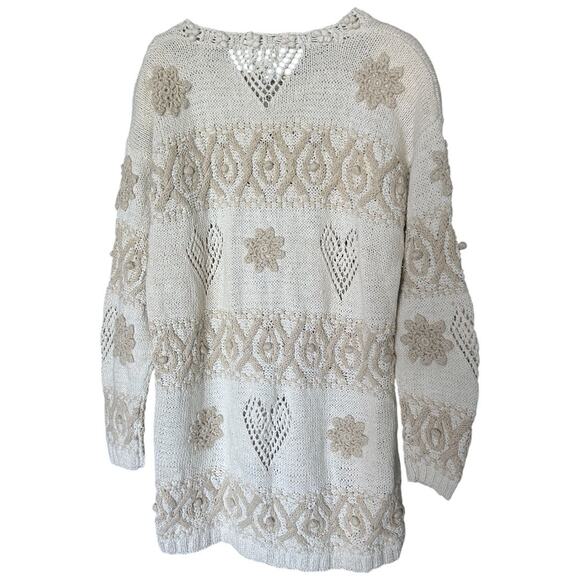 Weathervane VTG 80s Fair Isle Tunic Sweater Womens L Cream Tan Heart Crochet NEW - Picture 3 of 5